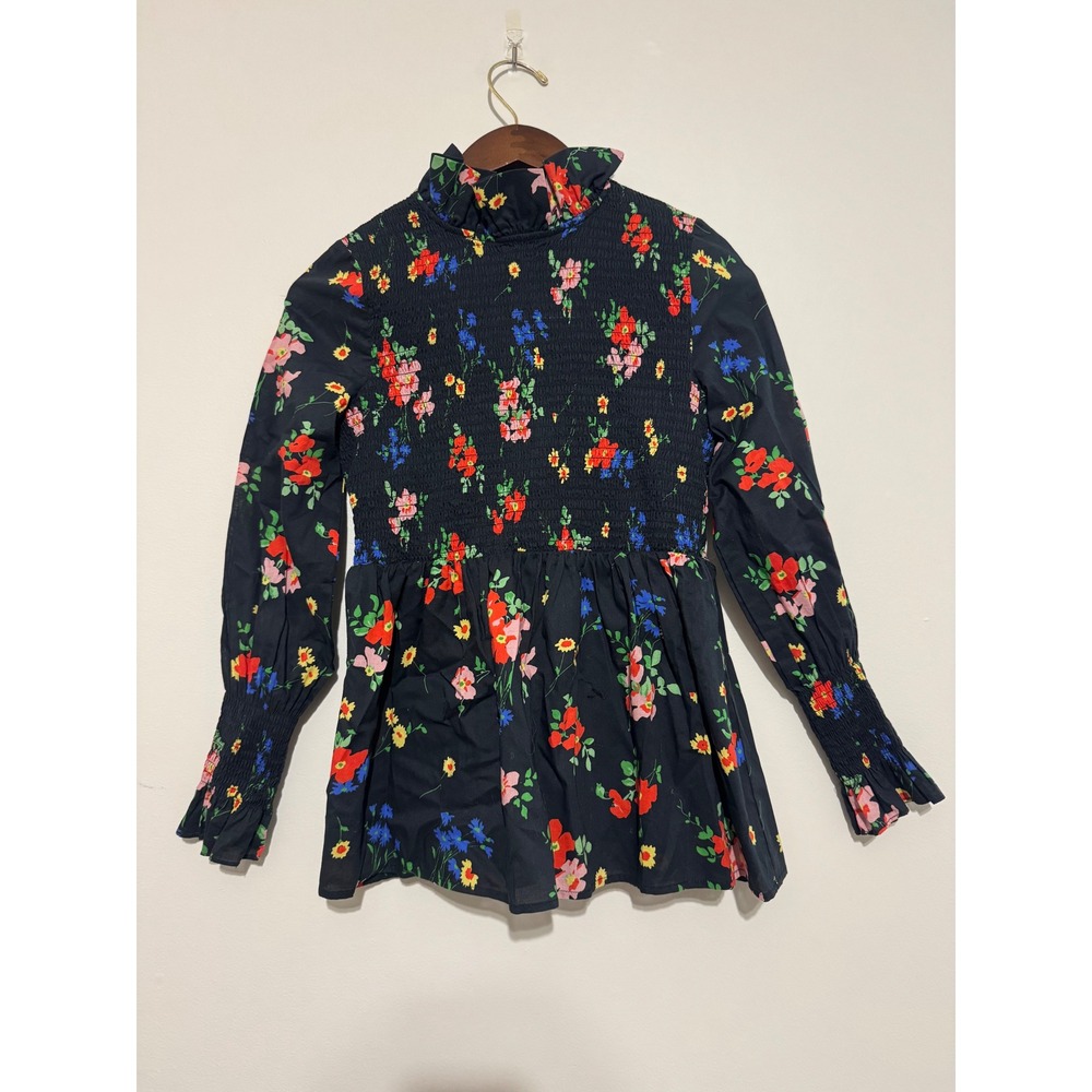 Tuckernuck Women XS Black Floral Smocked Peplum Blouse Ruffle After Light Cotton